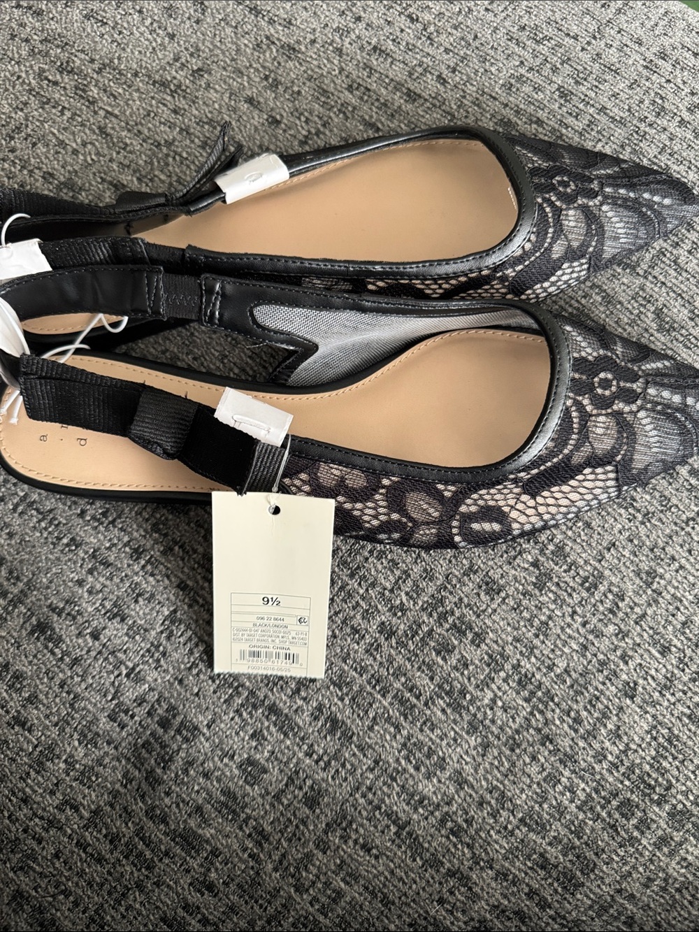 a new day Black Lace Pointed Slingback Flats